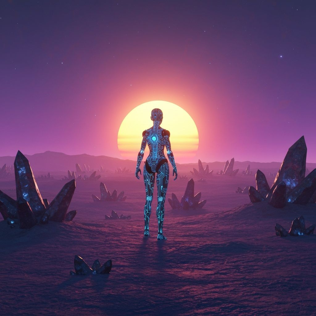 Robotic Figure Gazes at Binary Sunset on Alien World