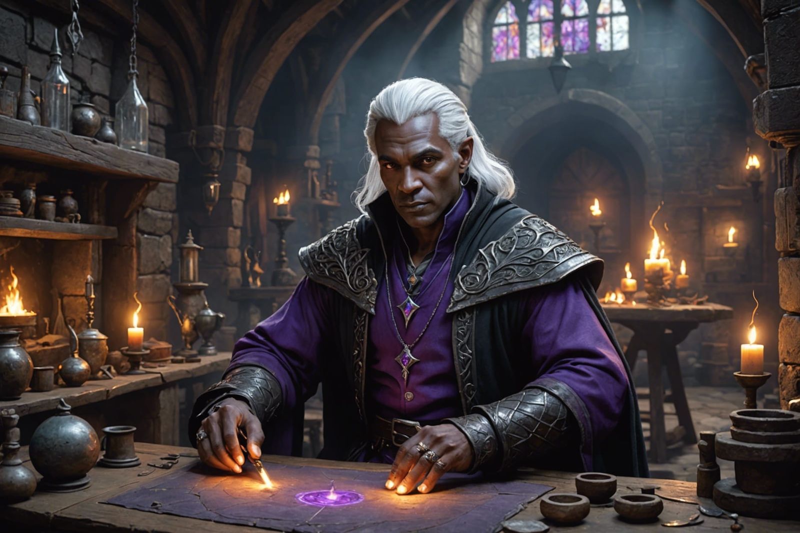 Drow Wizard Casting Spell in Workshop, Digital Painting