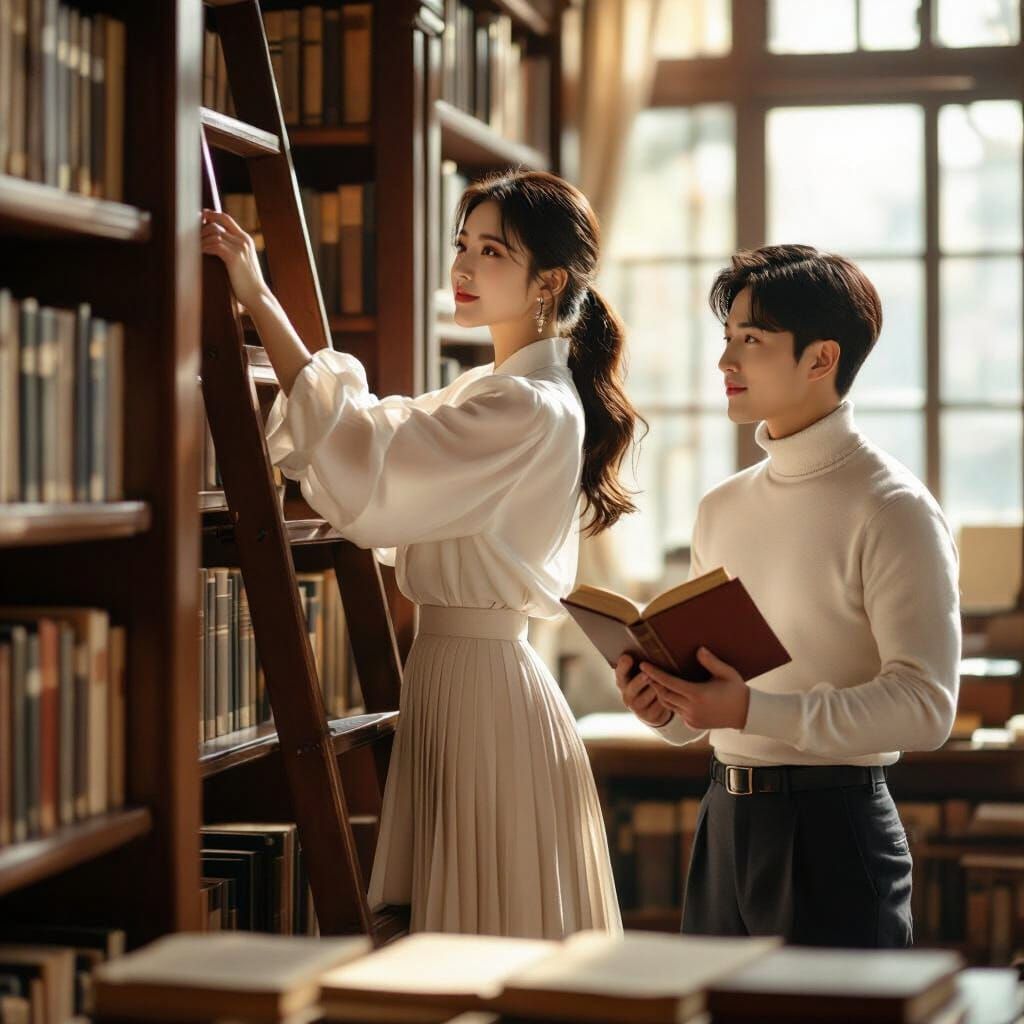 Romantic Library Scene in Korean Drama Style