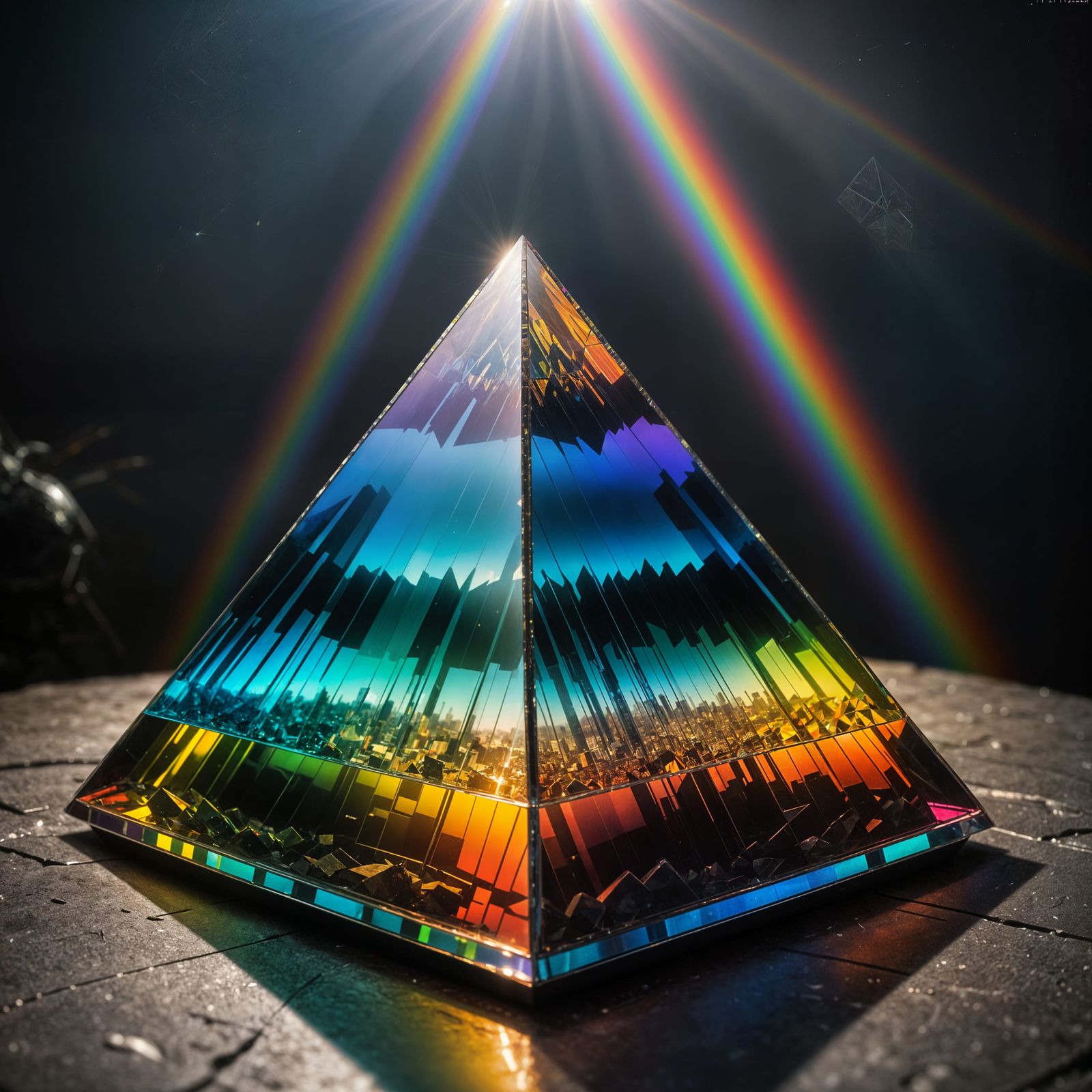 Glass Pyramid Refracts Rainbow Light: Hyperrealistic HDR Ima...