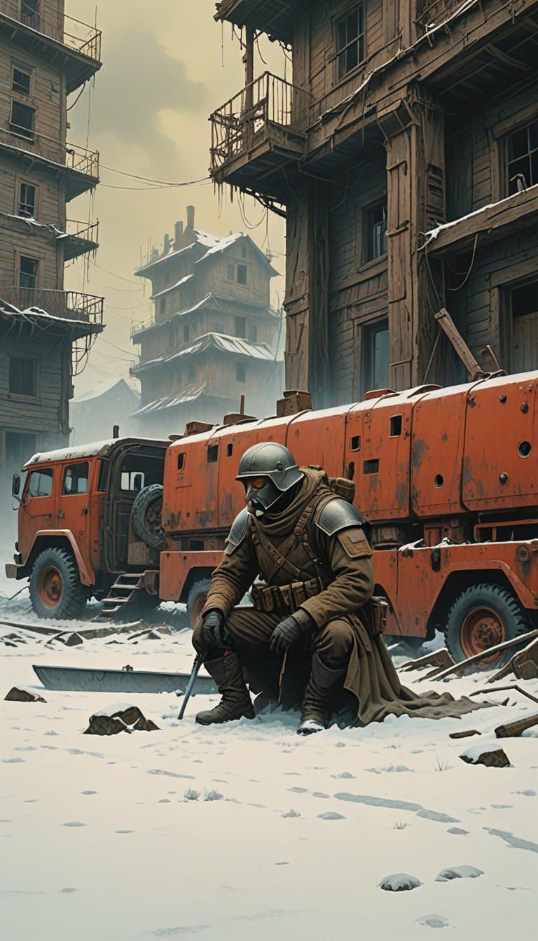 Tactical Warrior Wields Medieval Broadsword in Smoldering Ru...