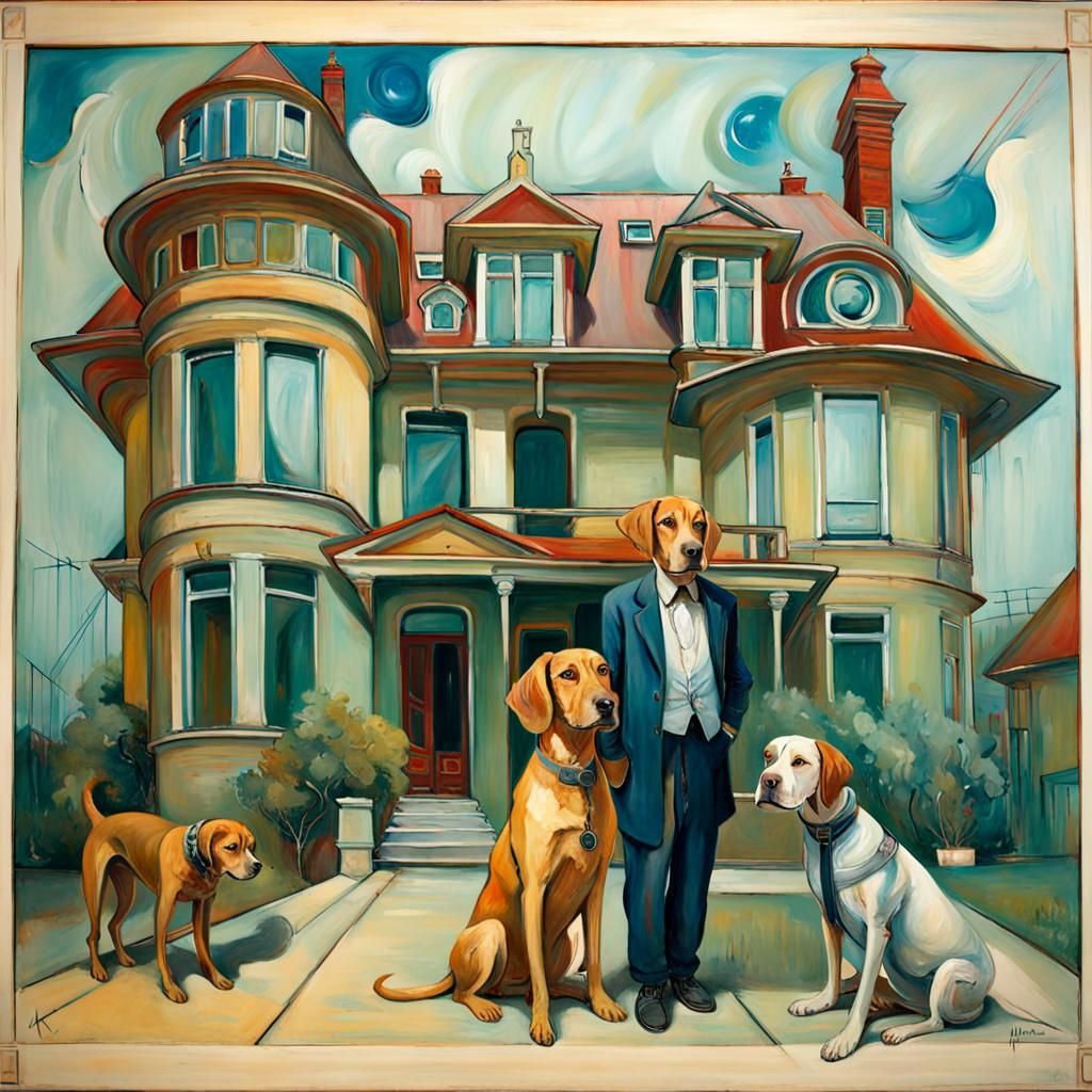 Cyberpunk House with Dogs in Oil Painting Style