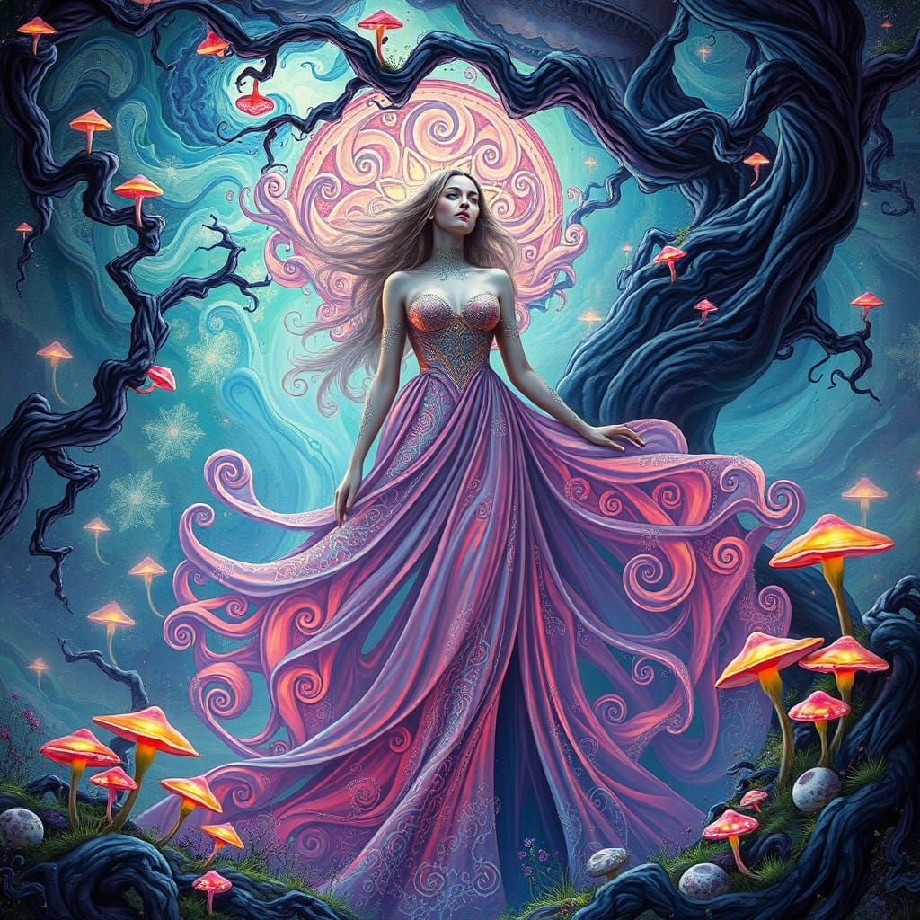 Ethereal Goddess in Vibrant, Escher-Inspired Landscape