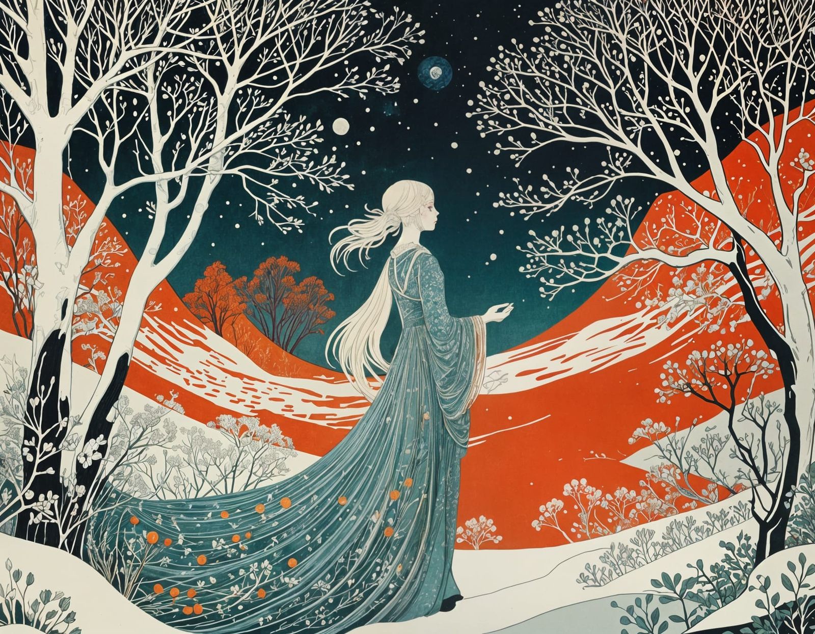 Whimsical Midwinter Scene in Intricate Linoprint Style