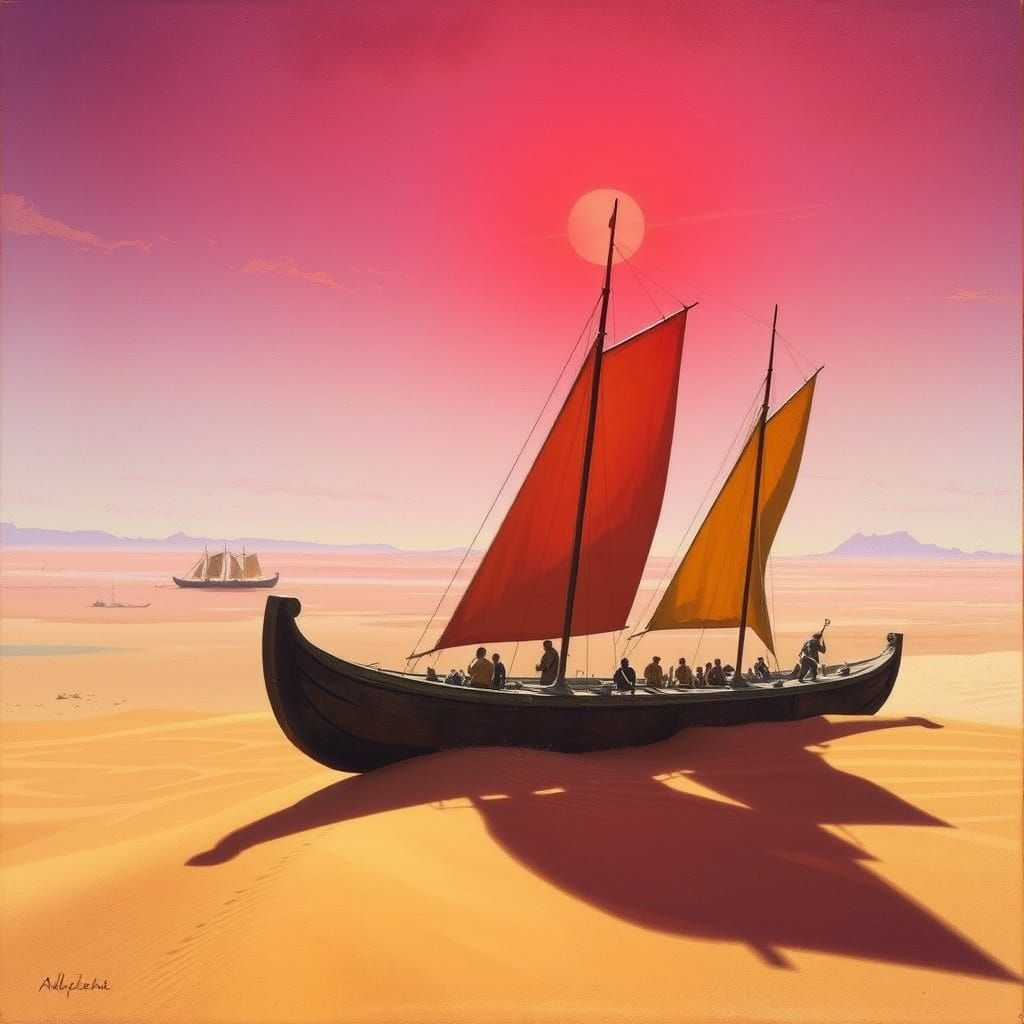 Sand Barge Sails Athas Desert: Fantasy Art