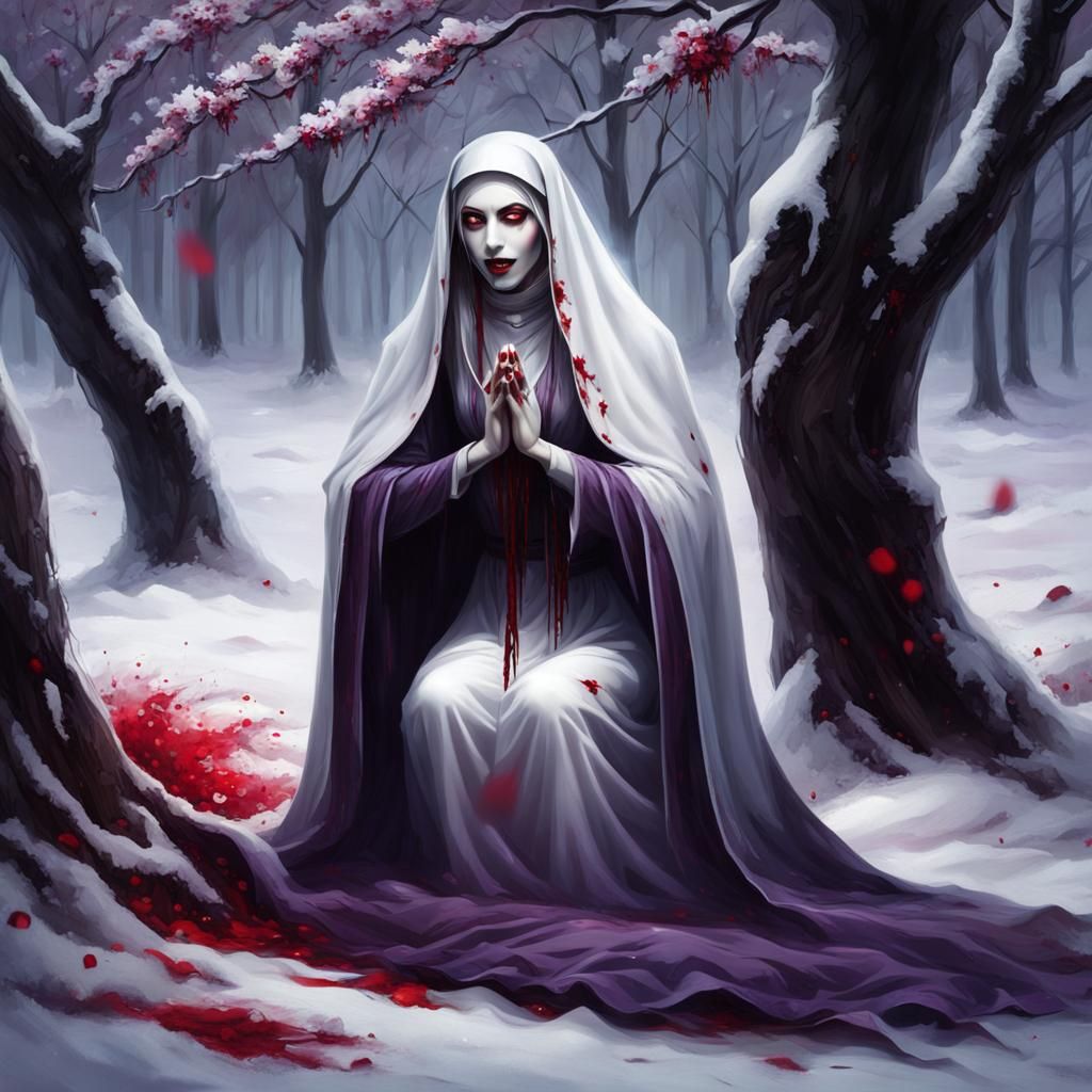 Creepy Ghost Hag Praying in Bloody Snow