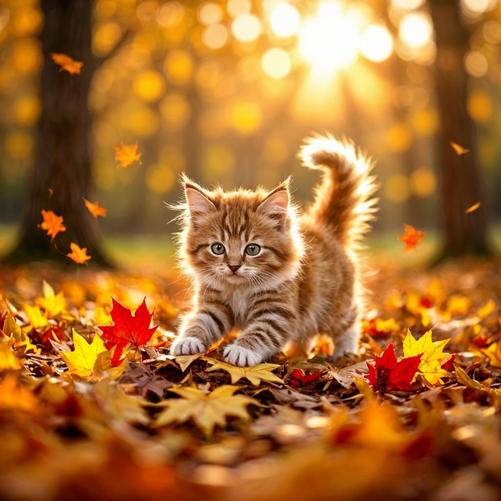 Kitten Pounces on Autumn Leaves