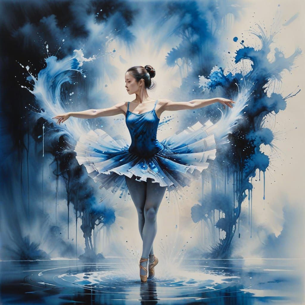Ballerina Pirouettes in Fountain, Chinese Ink Painting Style