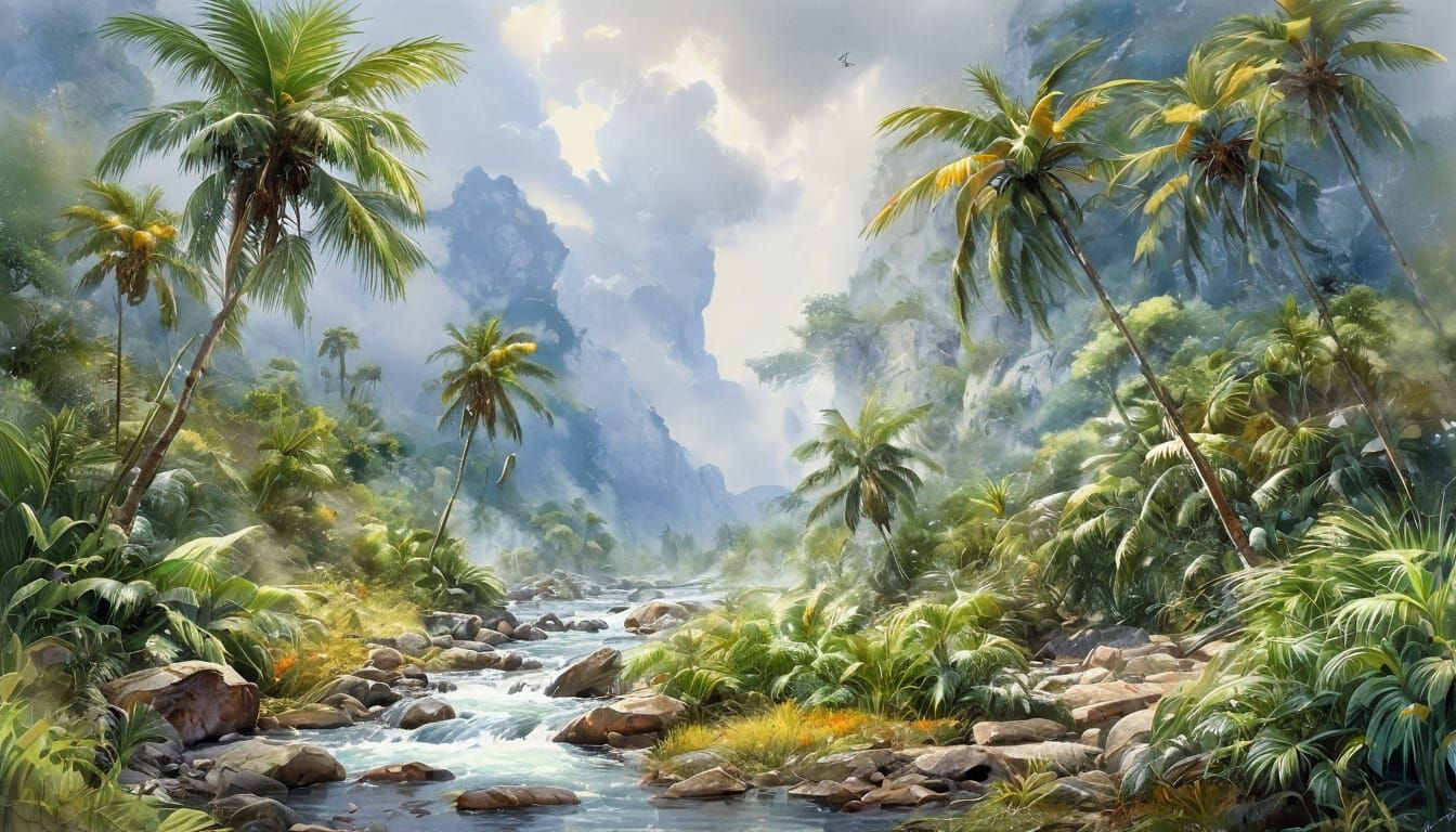 Tropical Rain Shower Watercolor Painting in Central America