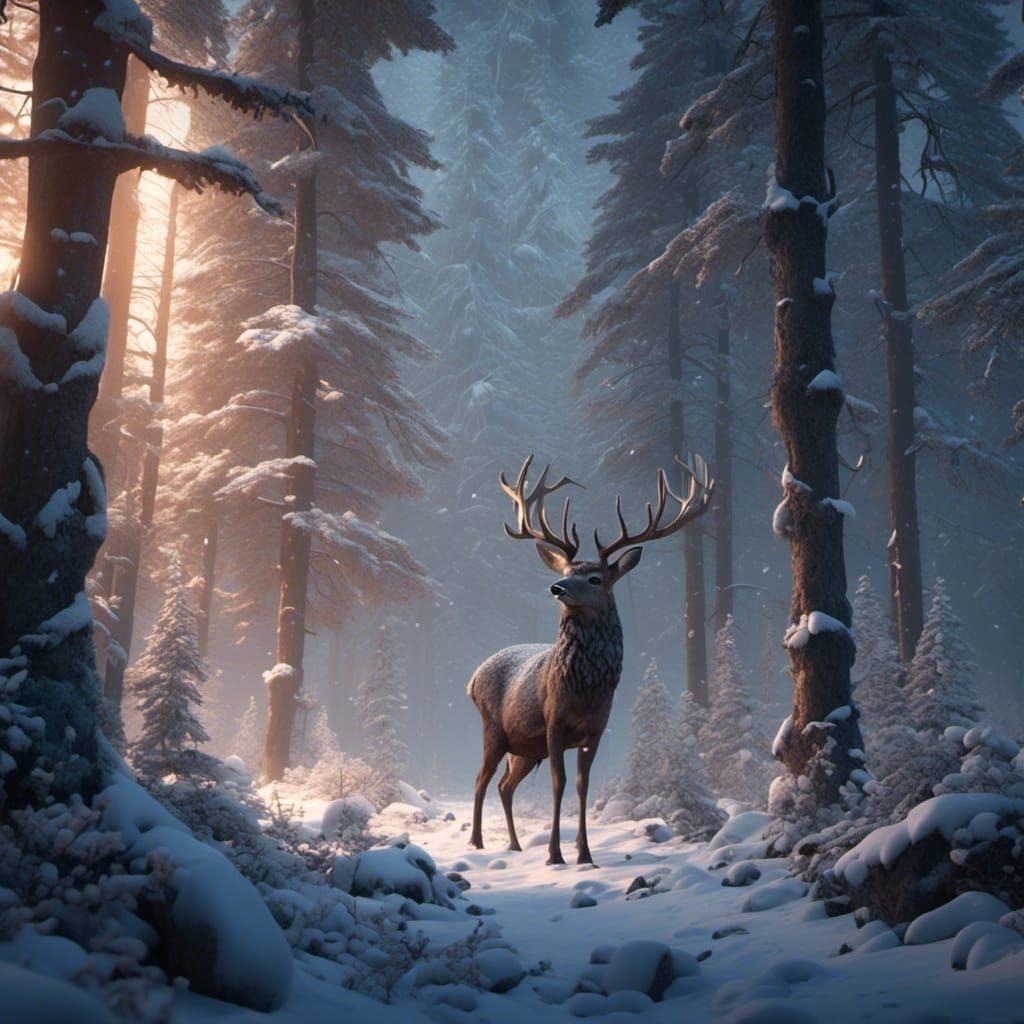 Deer in Snowy Forest: 3D Game Cinematic