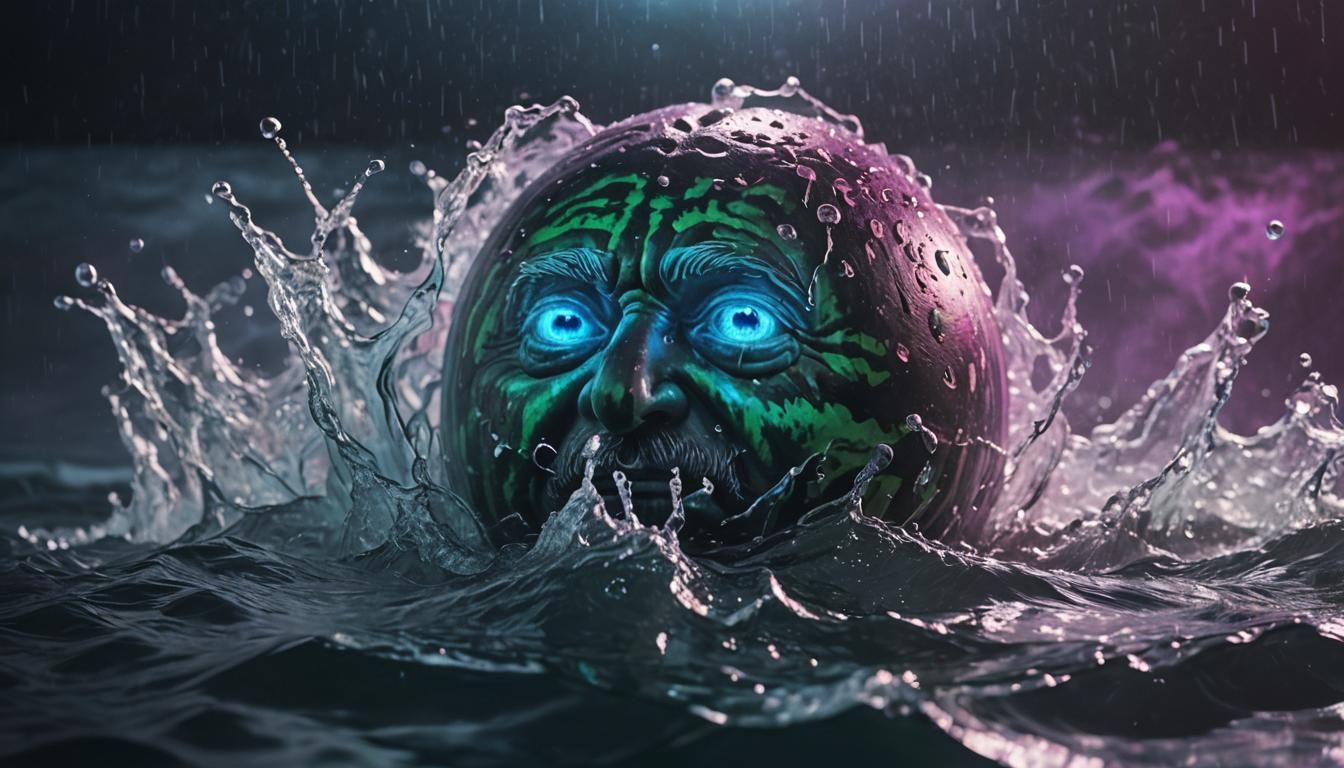 Surreal Watermelon with Stern Face on Ocean Waves