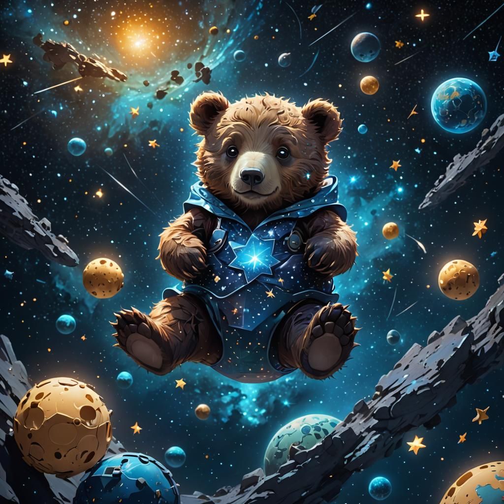 Baby Bear Drifting in Starry Cosmos