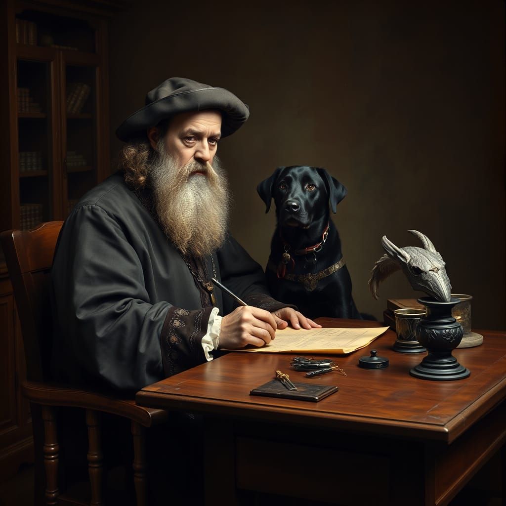 Nostradamus and Labrador Mentor in Rembrandt Style