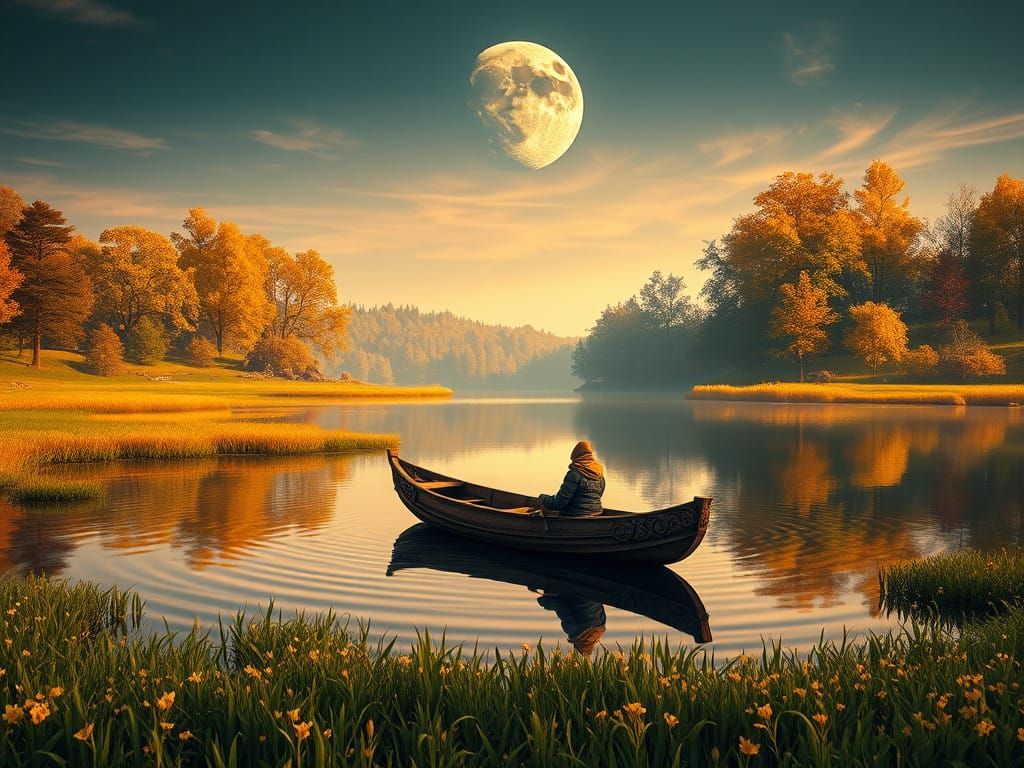 Surreal Autumn Night Scene with Lake and Full Moon