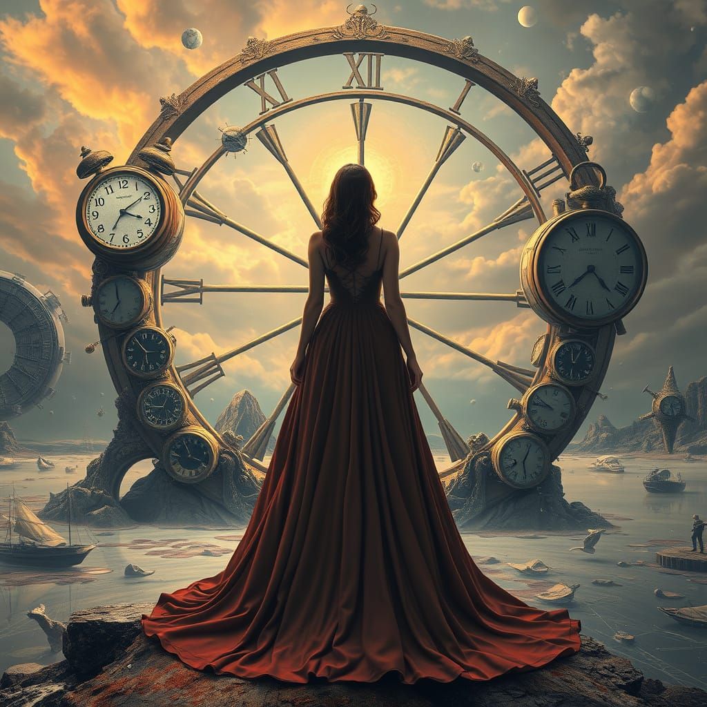 Surreal Dreamscape with Melting Clocks and Endless Wheel