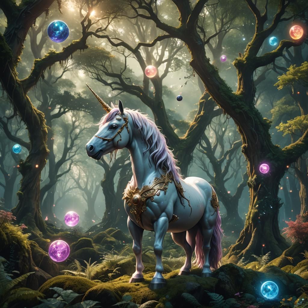 Unicorn Guarding Mystical Orbs in Magical Forest