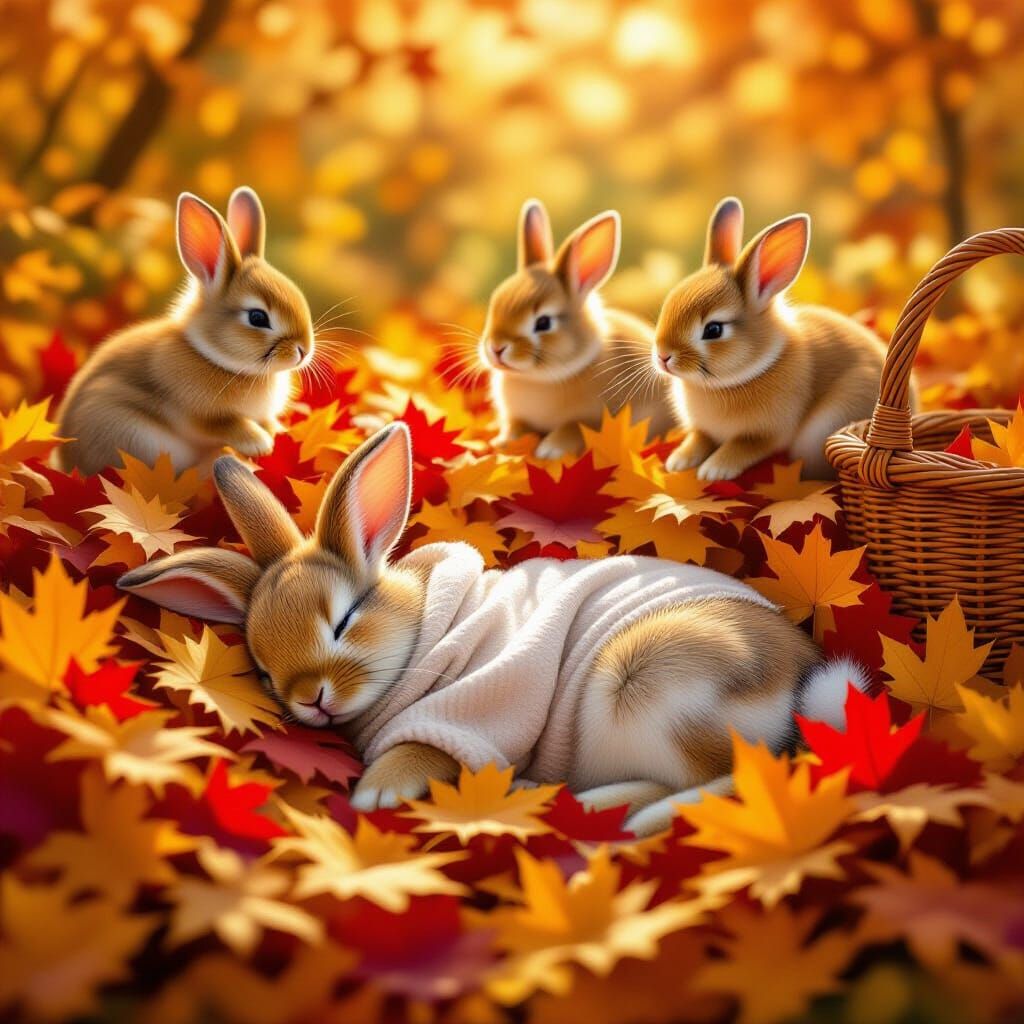 Cute Rabbit Sleeping in Autumn Leaves