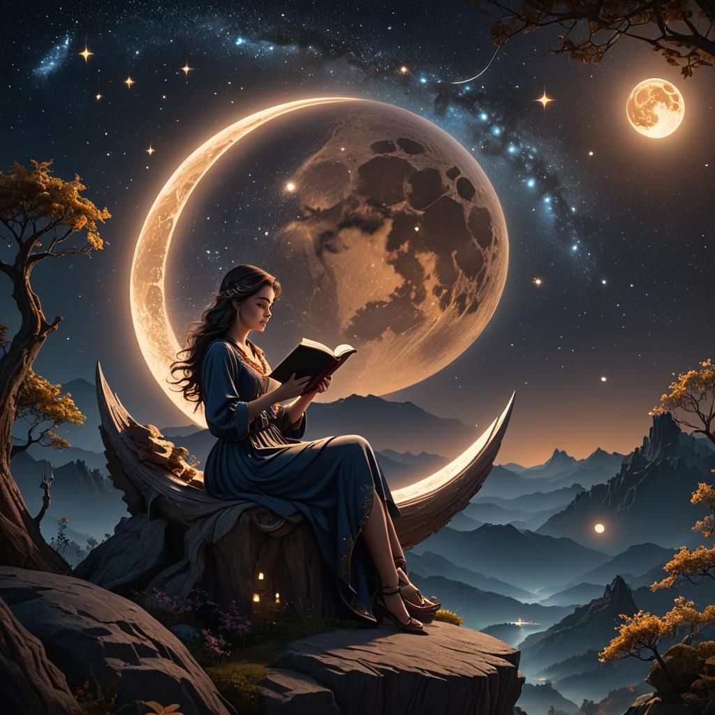 Woman Reading on Moonlit Night: Fantasy Art