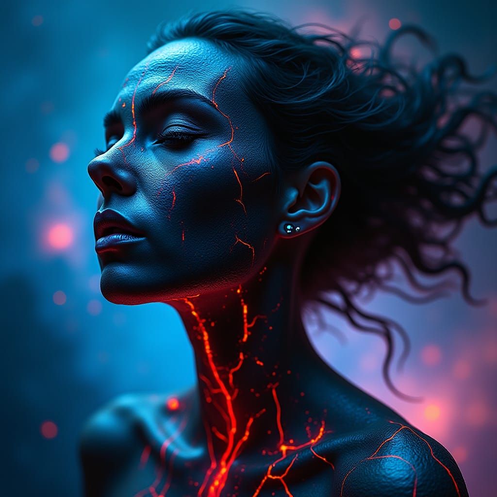 Volcanic Woman with Molten Veins in Cosmic Expanse