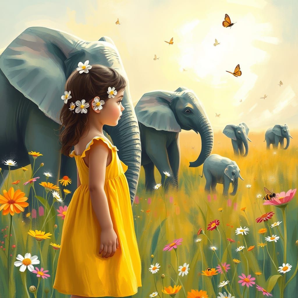Young Girl Surrounded by Vibrant Wildflowers and Playful Ele...