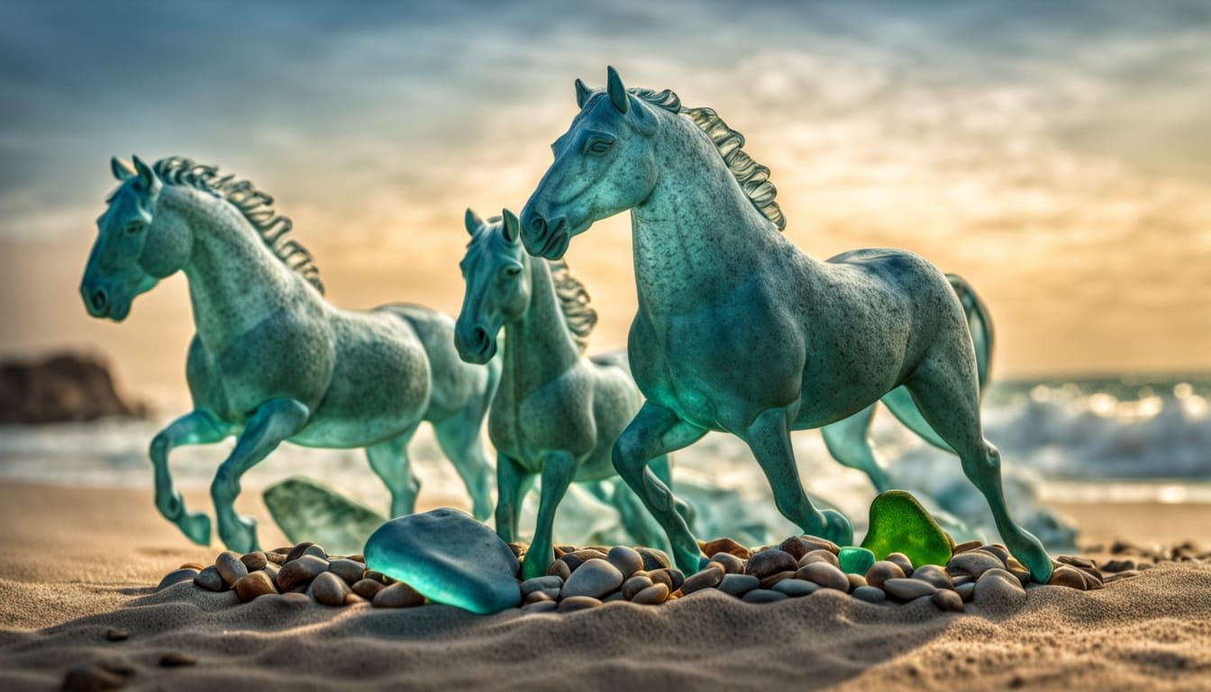 Sea Glass Sculpture Horses on Beach Landscape