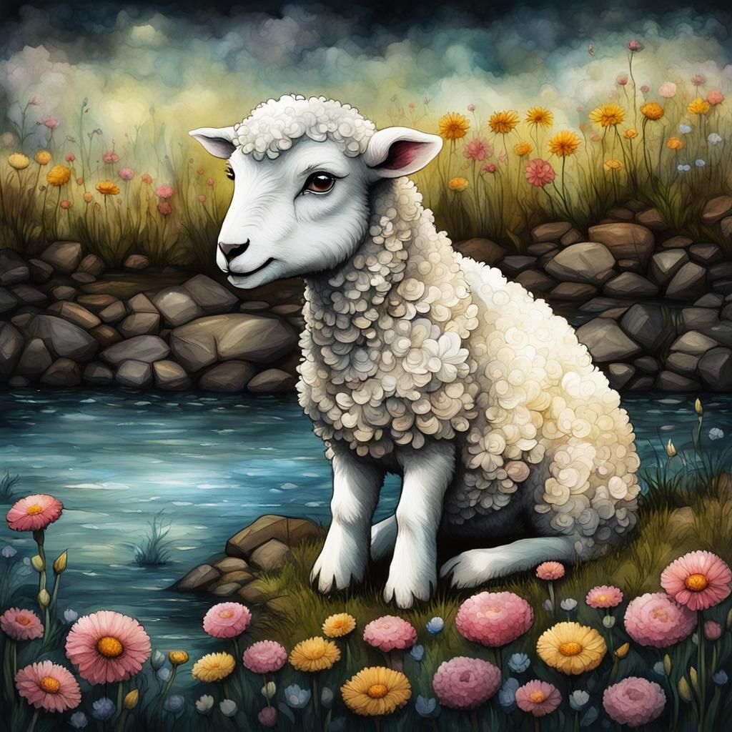 Fantasy Realism: Lamb Praying by River in HDR