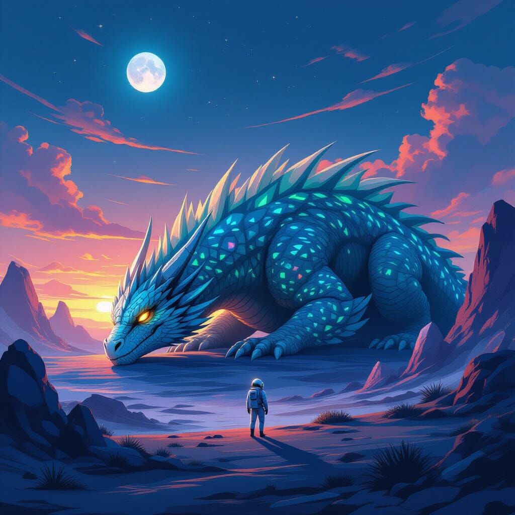 Colossal Dragon on Alien Planet in Ghibli Style