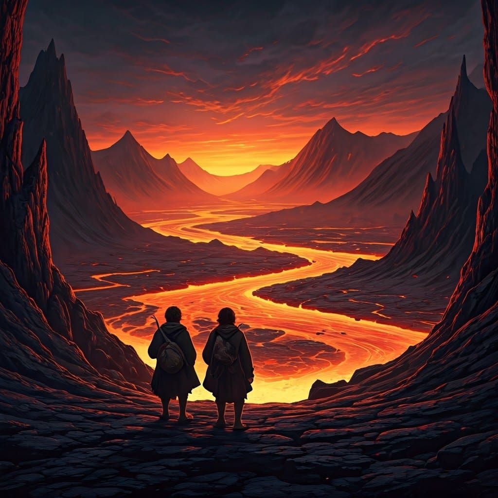 Mount Doom 3D Render: Weary Travelers at the Chasm