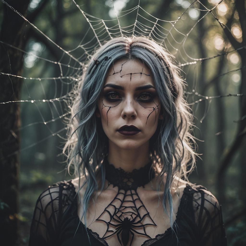 Gothic Woman with Spiderweb Hair: Cinematic Portrait