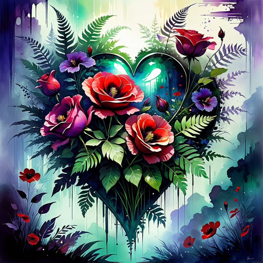 Surreal Bouquet of Roses, Hibiscus, and Poppies in Iridescen...