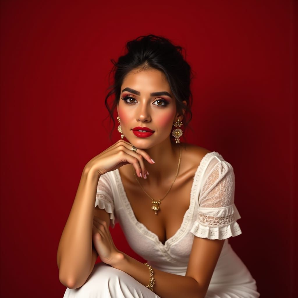 Mexican Catrina in Red Reboso with Flowers