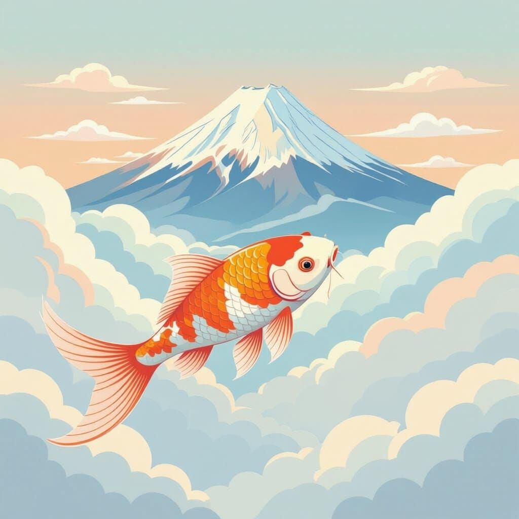 Joyful Koi Fish Swim Through Pastel Clouds with Mt Fuji
