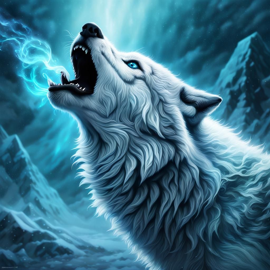Ice Wolf Howling at Night in Detailed Matte Painting