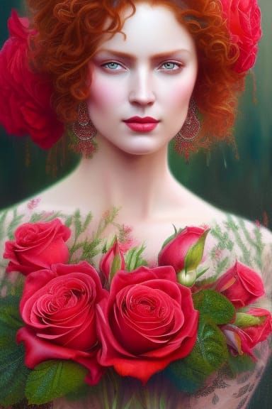 Red-Headed Goddess with Roses in Hyperrealism Style