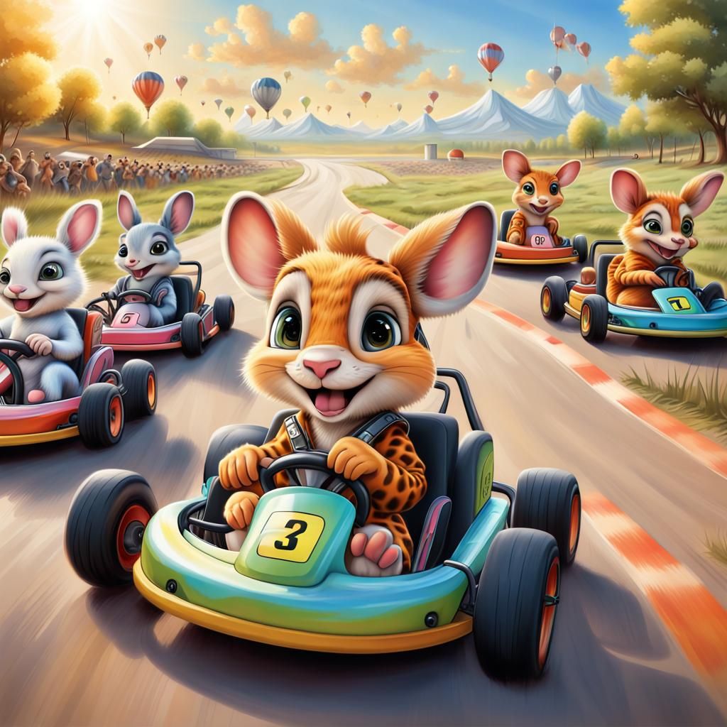 Hyperdetailed Animal Go-Cart Race in Airbrush Style