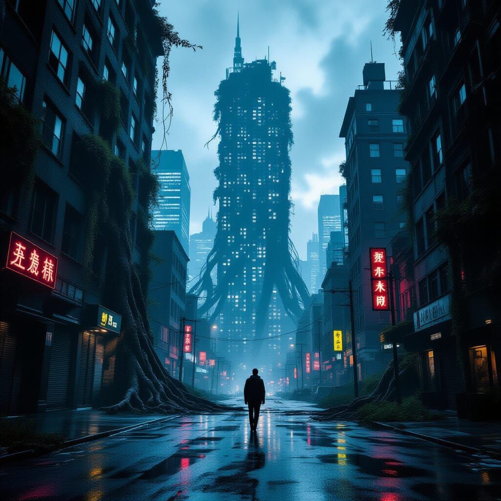 Decaying Metropolis Overrun by Urban Jungle at Twilight