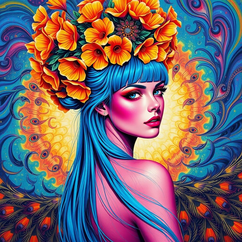 Ethereal Woman with Peacock Feathers, Digital Art