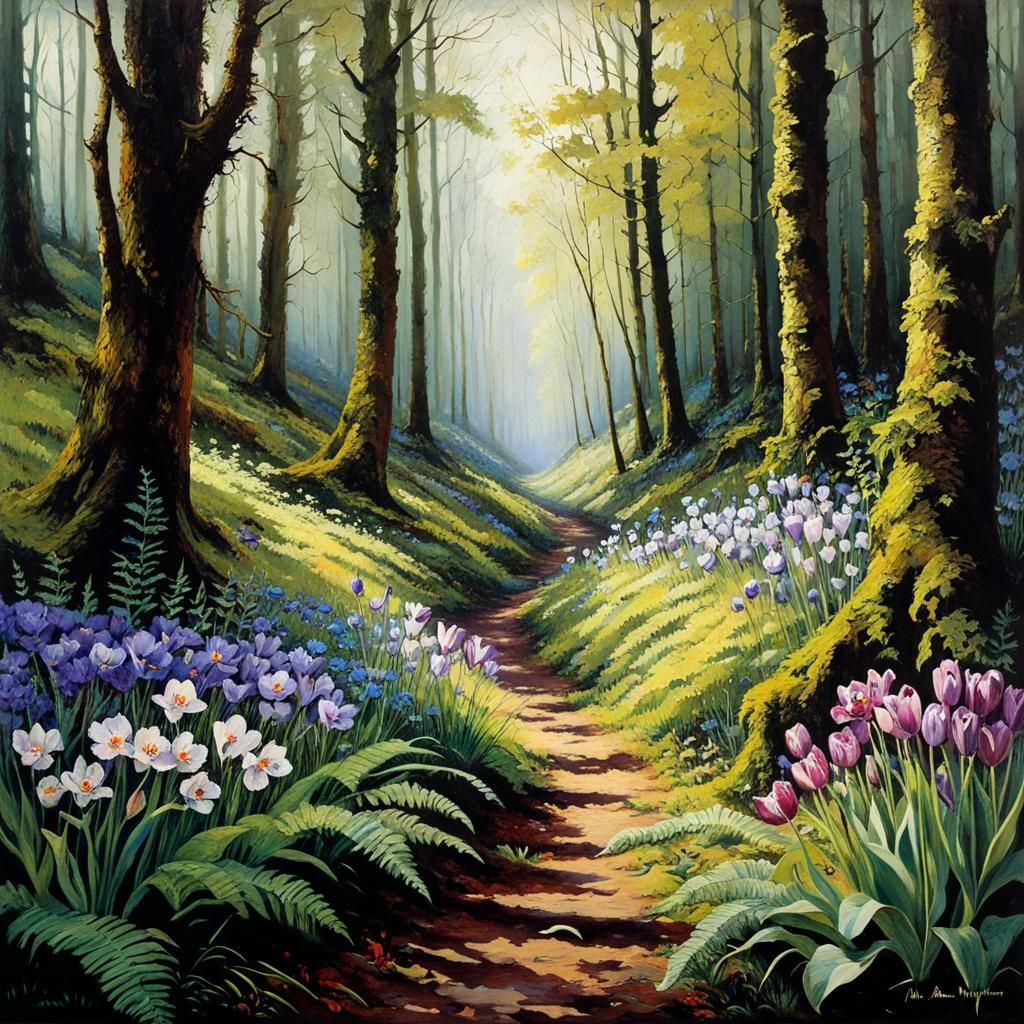Mystic Forest Path with Lush Spring Flowers