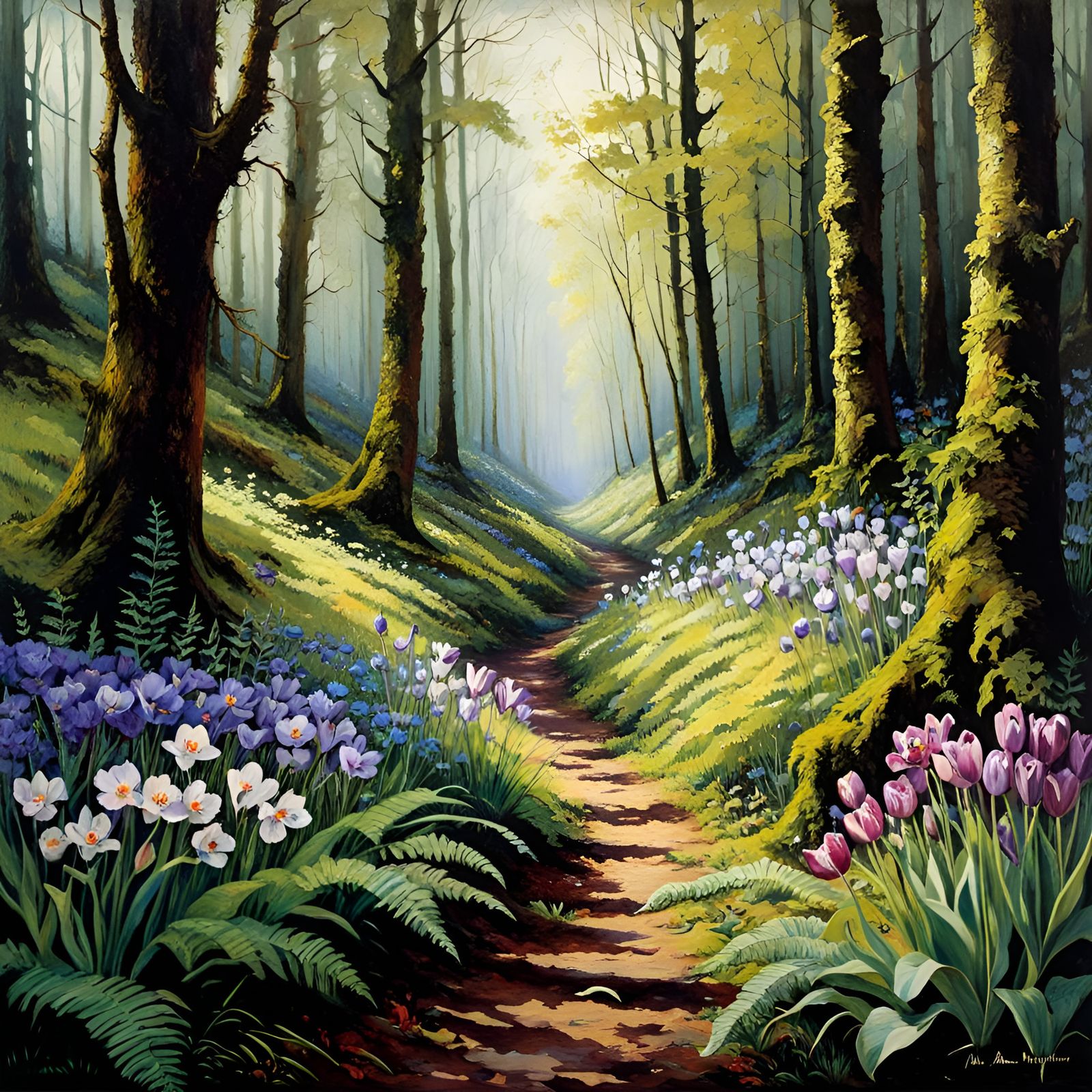 Mystic Forest Path with Spring Wildflowers
