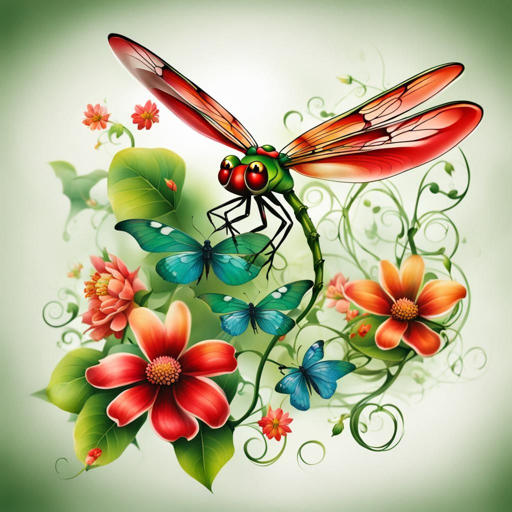 Leg Tattoo colorfull flowers on a vine ,dragon fly and butterflies ,red green little frog