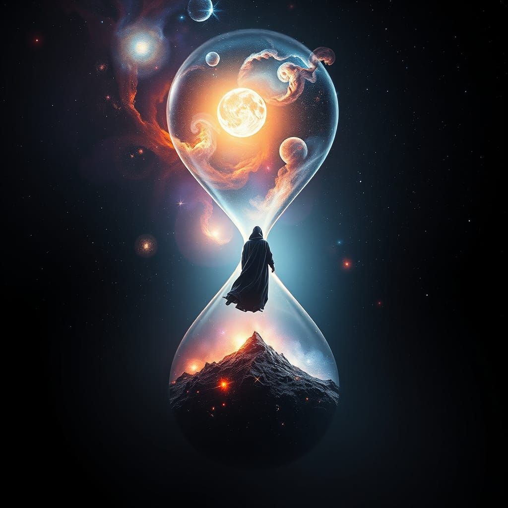 Cosmic Hourglass with Ethereal Figure in Celestial Dance