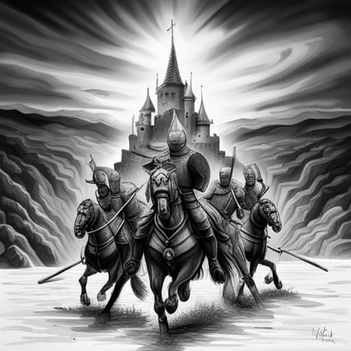 Black and White Ink Drawing of Knights Fighting