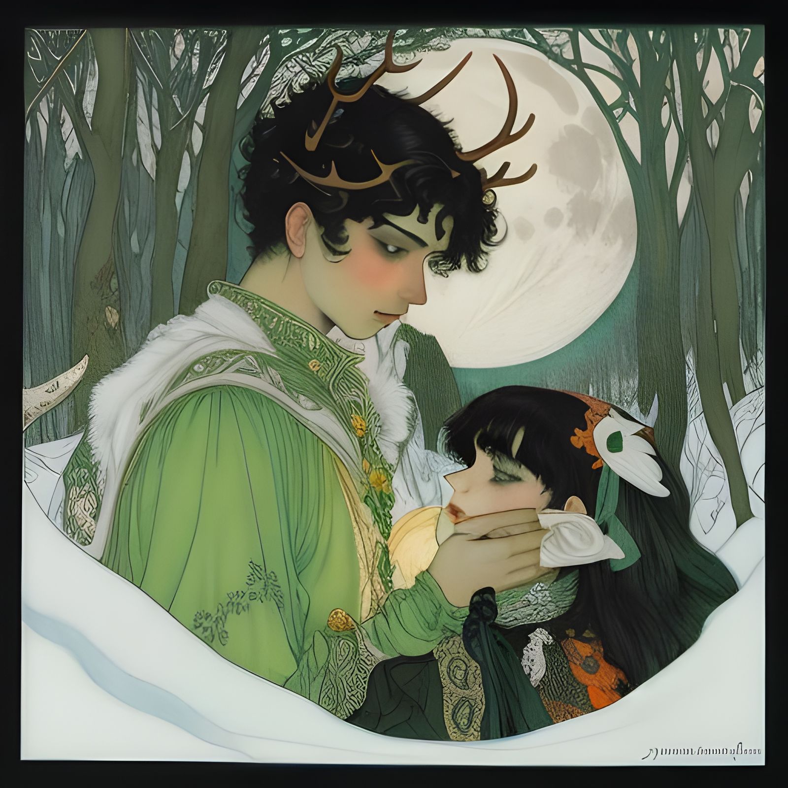 Fairy in Snowy Forest with Moon and Sun