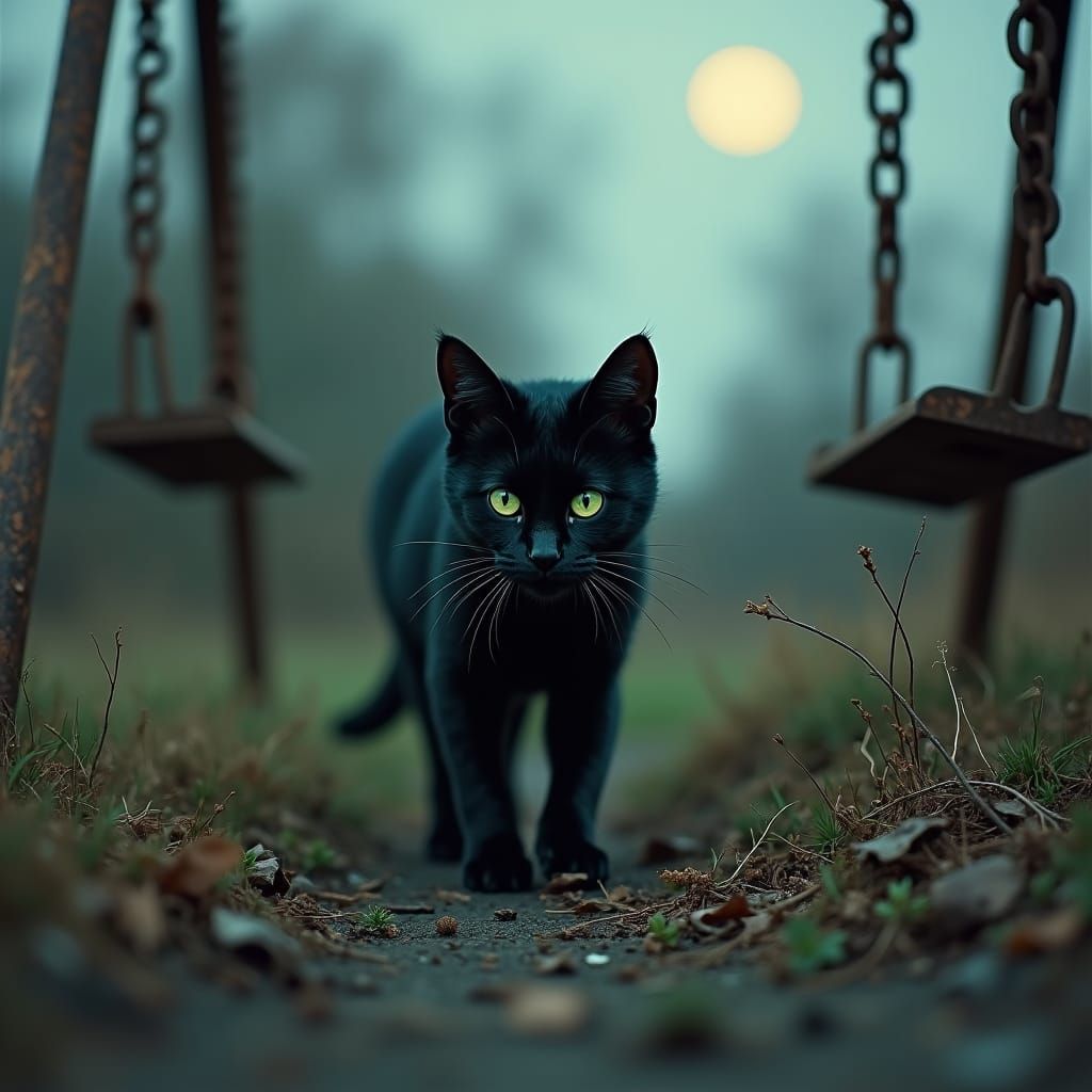 Black Cat in Abandoned Playground, Dark Surrealism