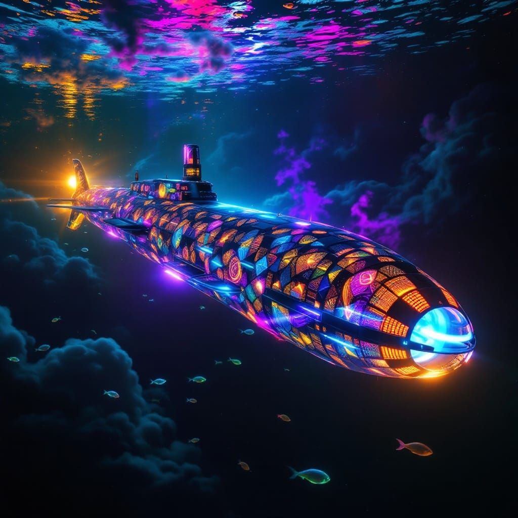 Afrofuturist Nuclear Submarine in Bioluminescent Ocean Depth...