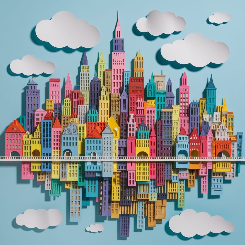 Colorful Paper Collage City Floating in Clouds