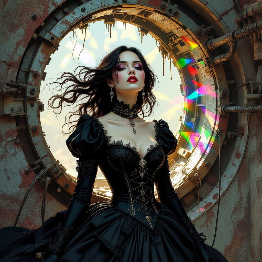 Gothic Woman Merging with Decayed Spacecraft