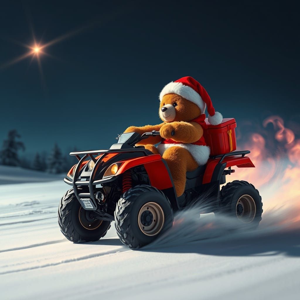 a cute teddy bear in santa costume is riding a atv through s...