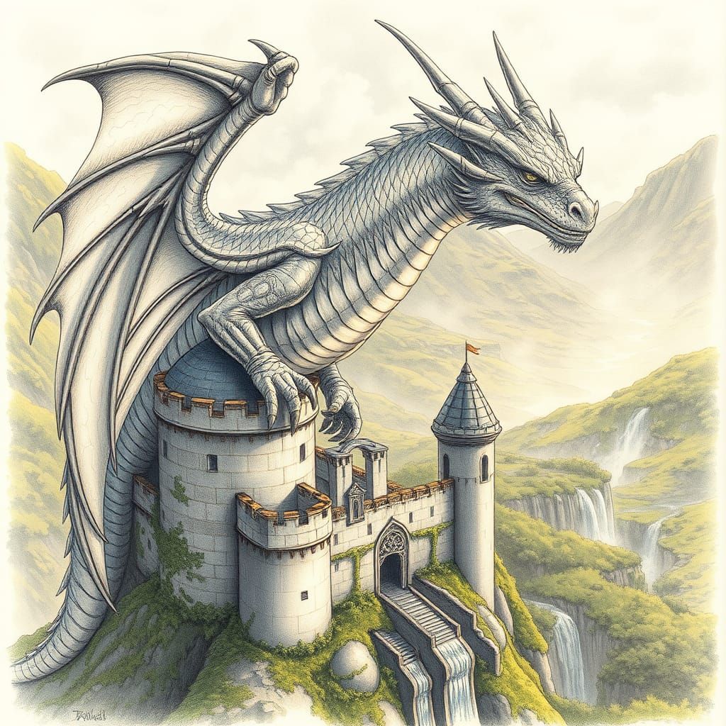 Majestic Dragon perched atop Ancient Castle in Lush Landscap...