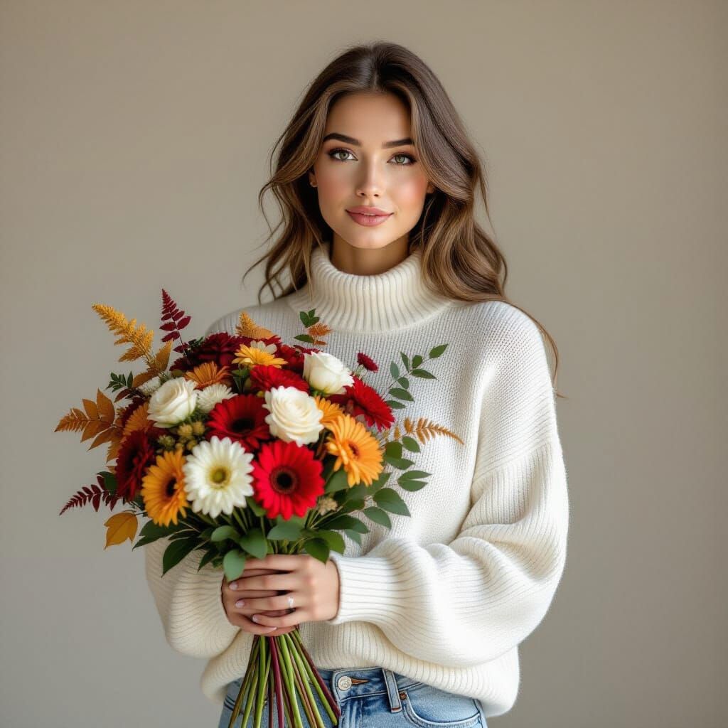 Young Woman with Autumn Flowers, Hyperrealistic Style